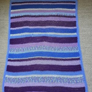 Handmade Striped Blues and Purple Colored Crochet Blanket Size 60"x 40"